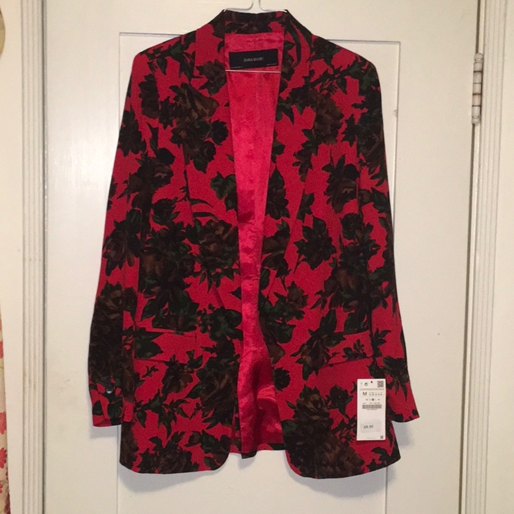Zara Basic red floral blazer, size medium